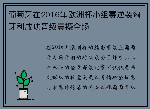 葡萄牙在2016年欧洲杯小组赛逆袭匈牙利成功晋级震撼全场