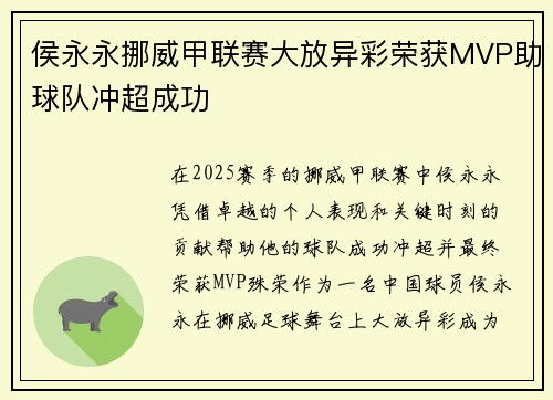 侯永永挪威甲联赛大放异彩荣获MVP助球队冲超成功
