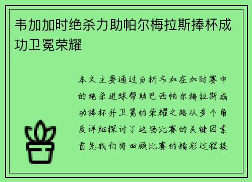 韦加加时绝杀力助帕尔梅拉斯捧杯成功卫冕荣耀 韦加加时绝杀力助帕尔梅拉斯捧杯成功卫冕荣耀