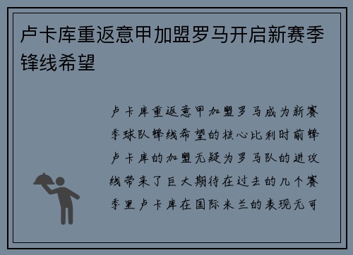 卢卡库重返意甲加盟罗马开启新赛季锋线希望