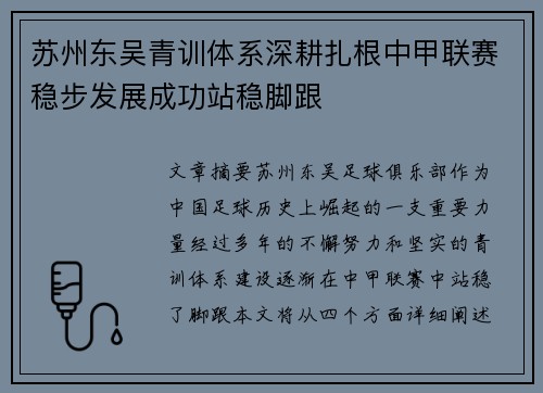 苏州东吴青训体系深耕扎根中甲联赛稳步发展成功站稳脚跟